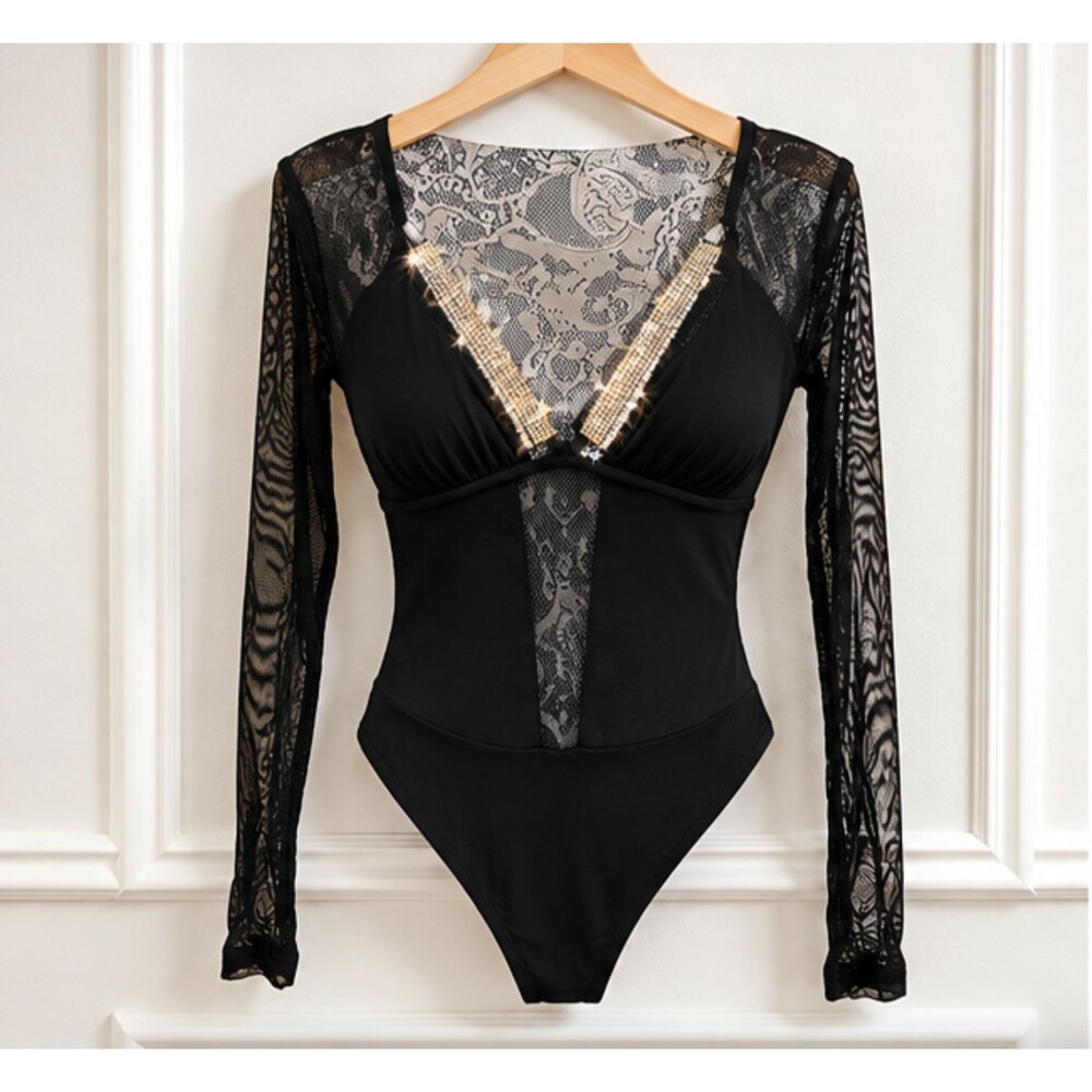 AKIRA Women's M Black Mesh Bodysuit Plunging V Neck Sparkle Rhinestone Thong Top